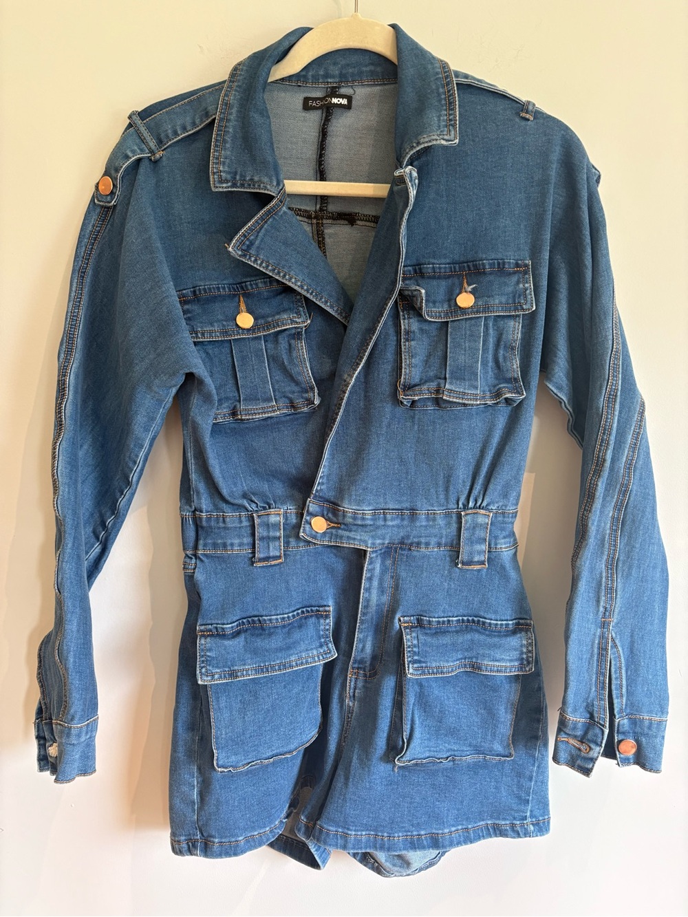 Fashion Nova Denim Utility Romper Cargo Button Front / Size Small